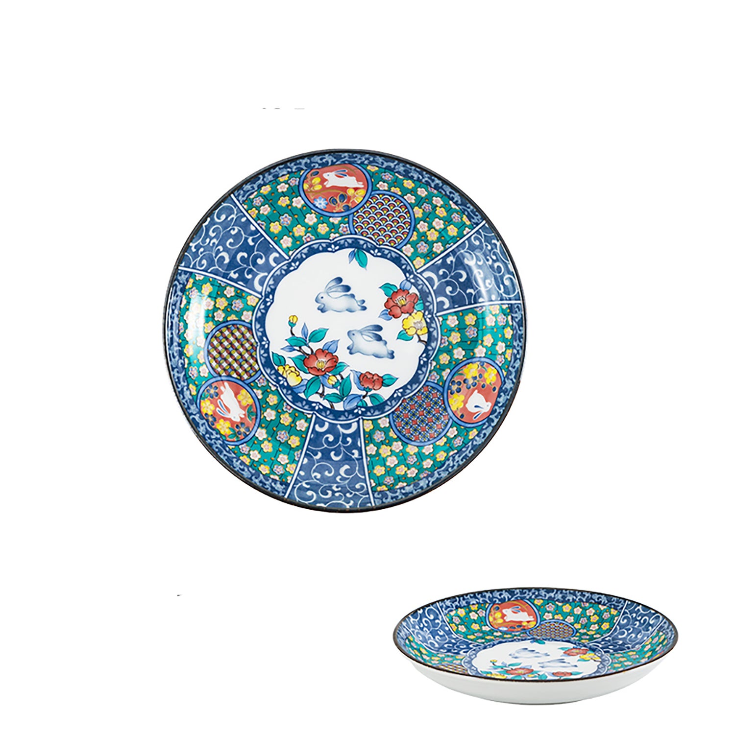 Vaisselle de Kutani avec motif de fleuri  lapin