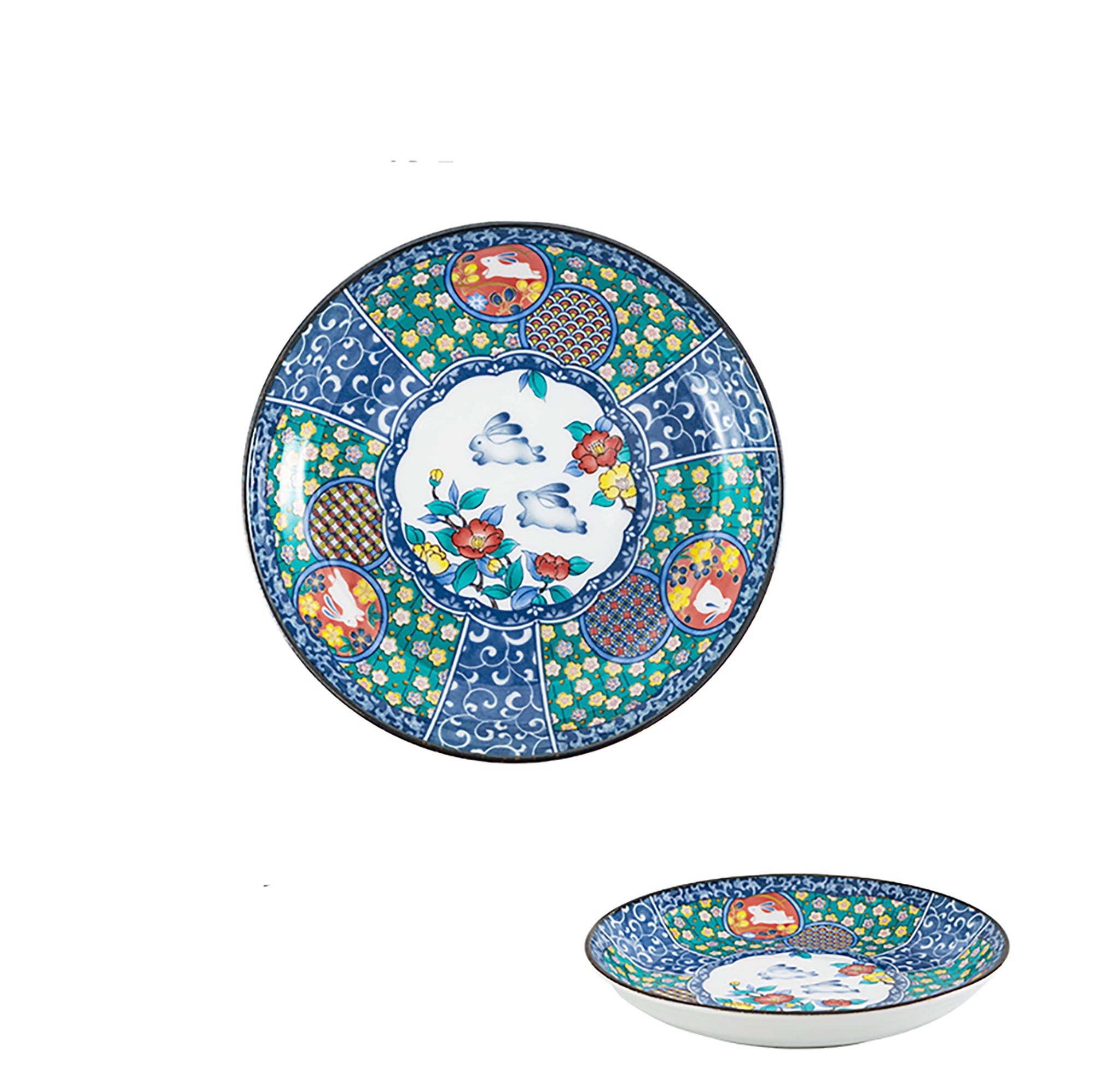 Kutani ceramic tableware with floral rabbit pattern