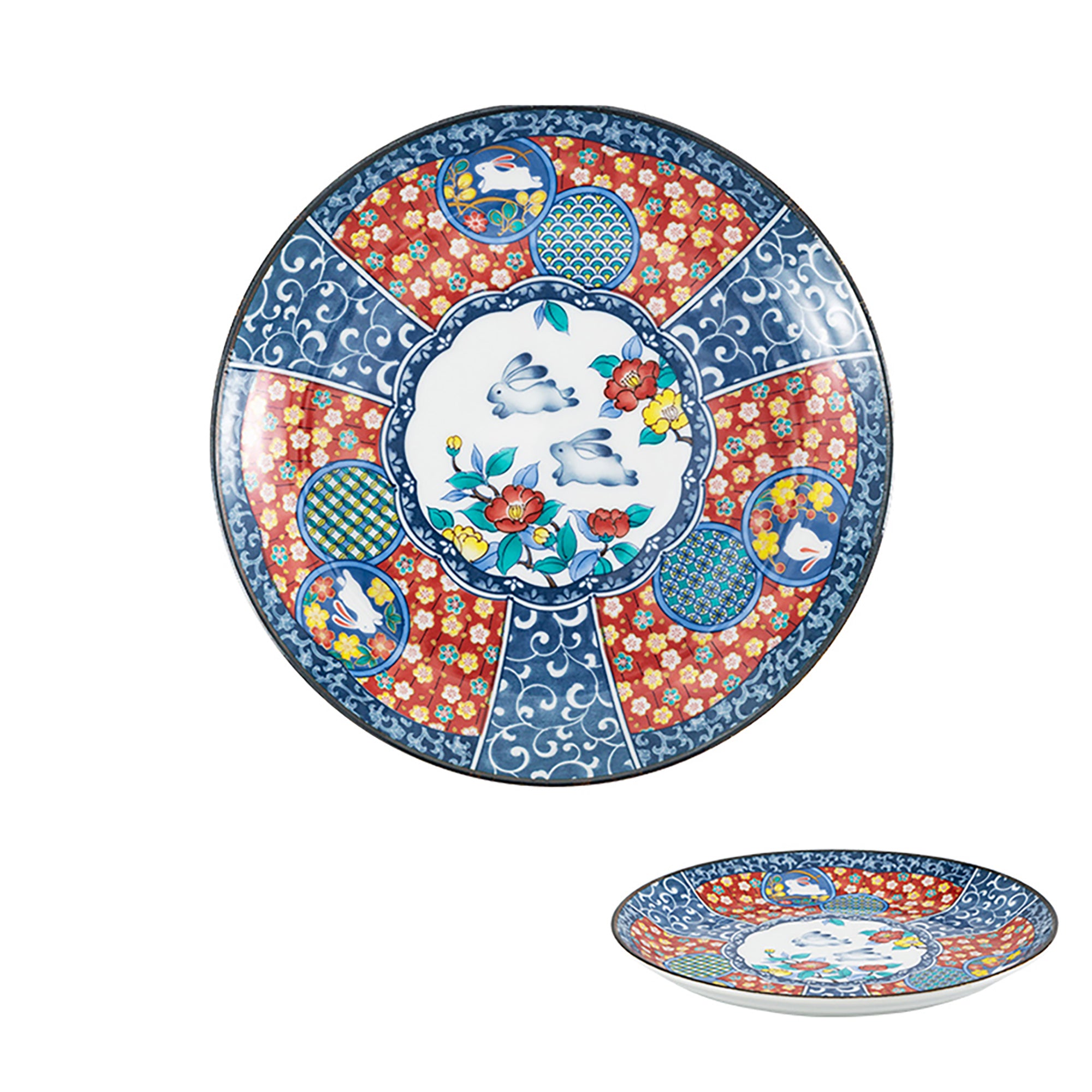 Kutani ceramic tableware with floral rabbit pattern