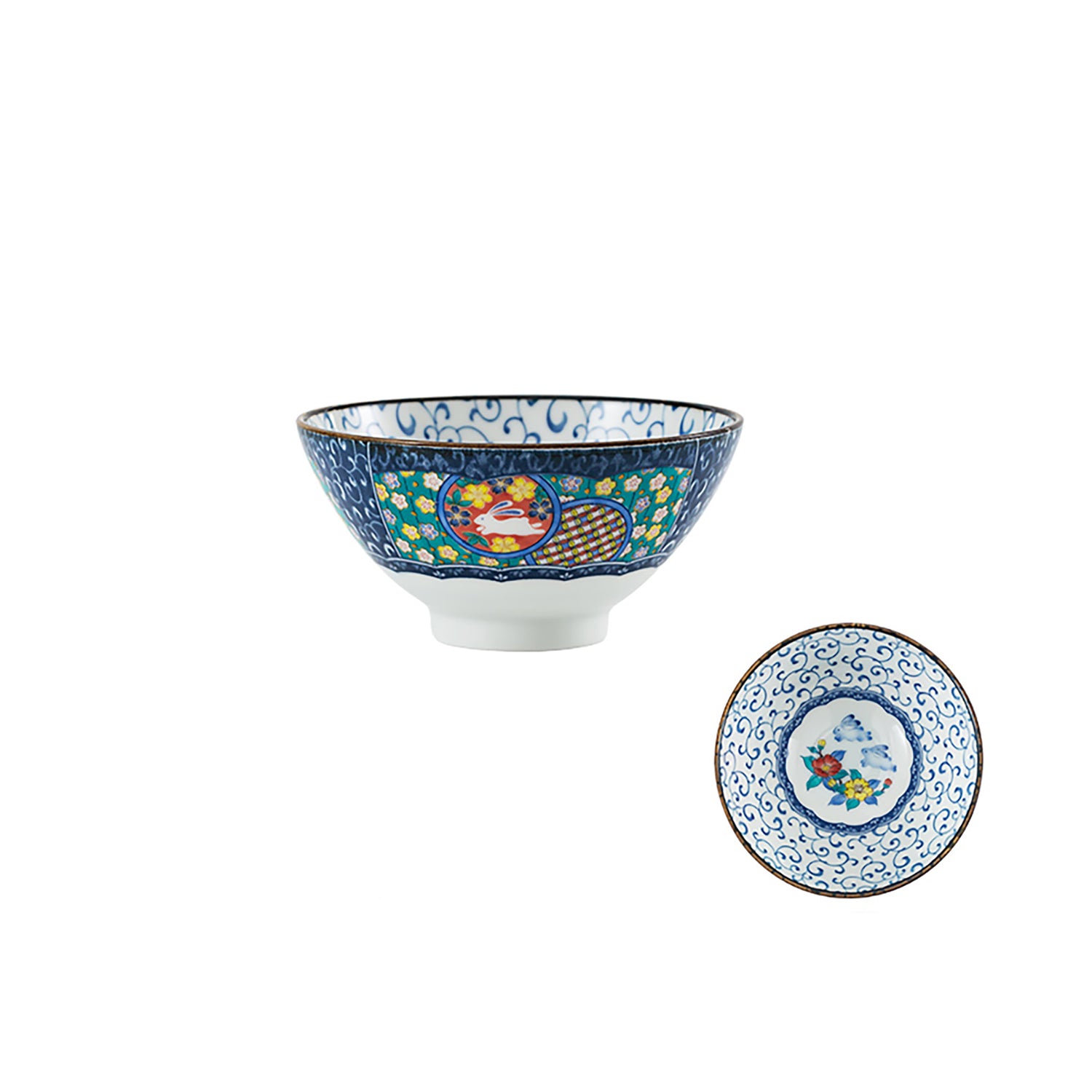 Vaisselle de Kutani avec motif de fleuri  lapin