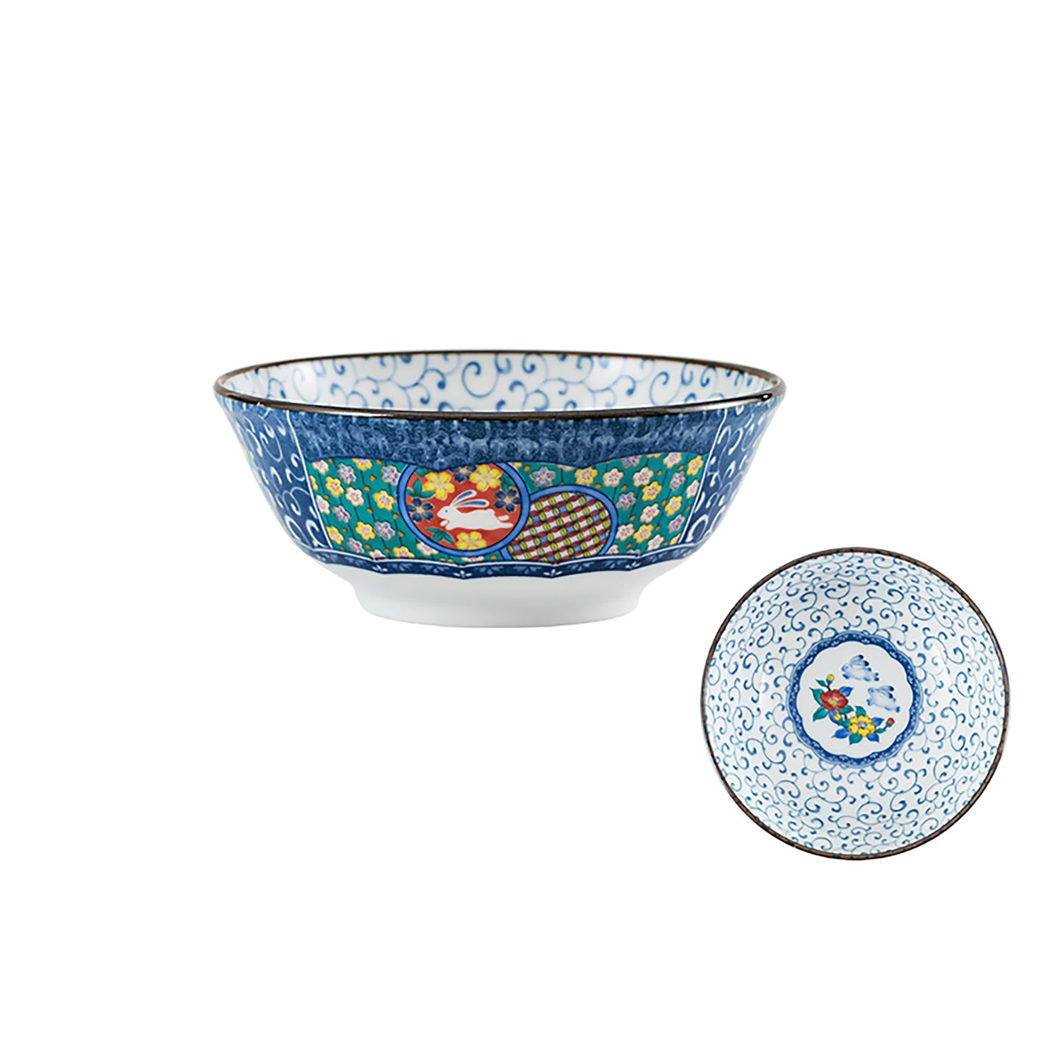Vaisselle de Kutani avec motif de fleuri  lapin