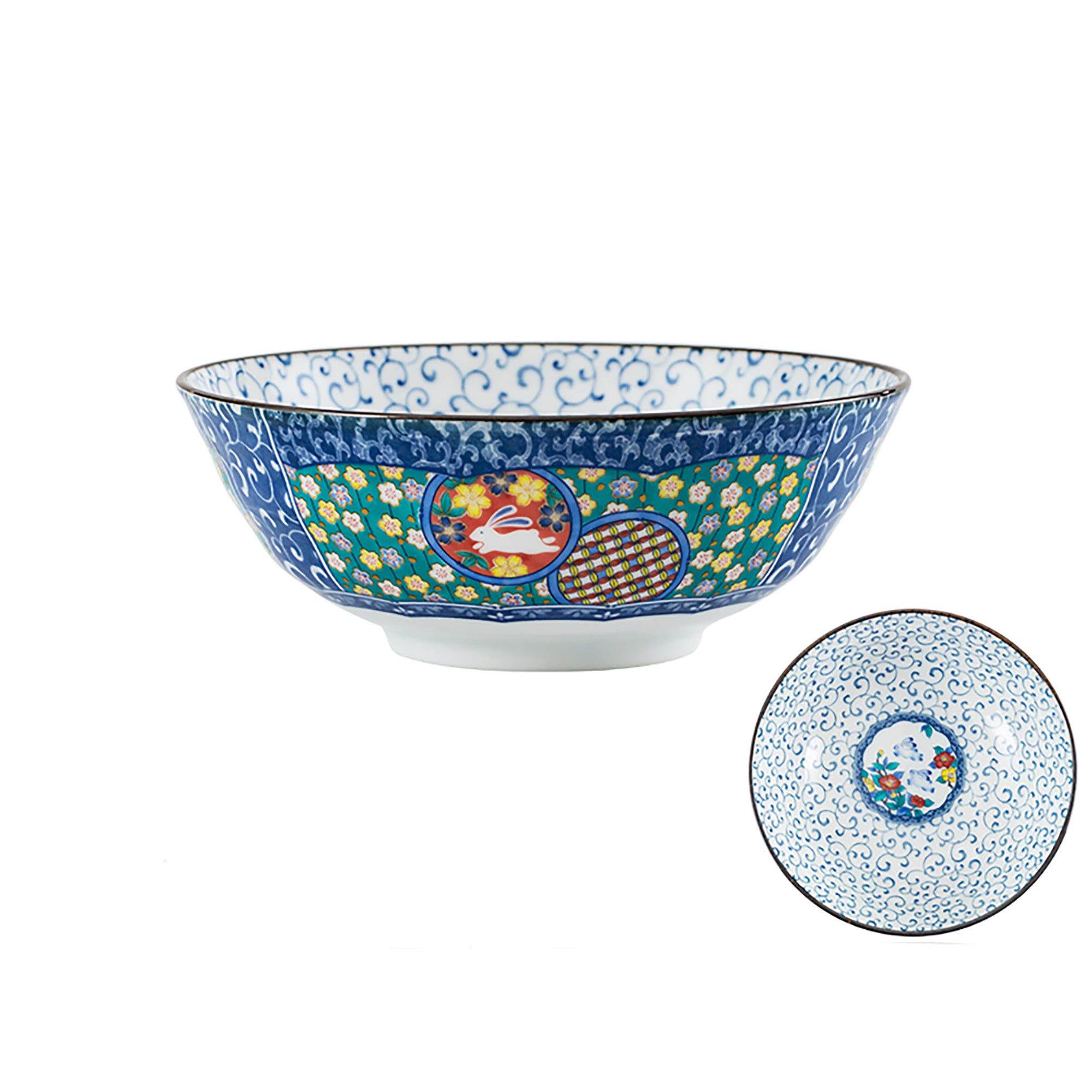 Kutani ceramic tableware with floral rabbit pattern