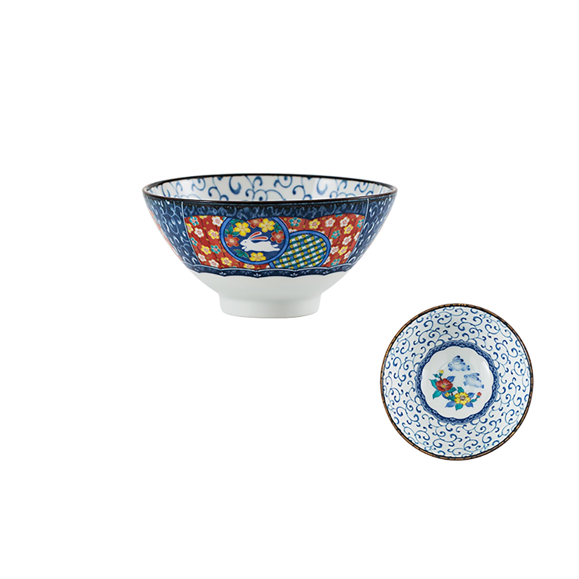 Kutani ceramic tableware with floral rabbit pattern