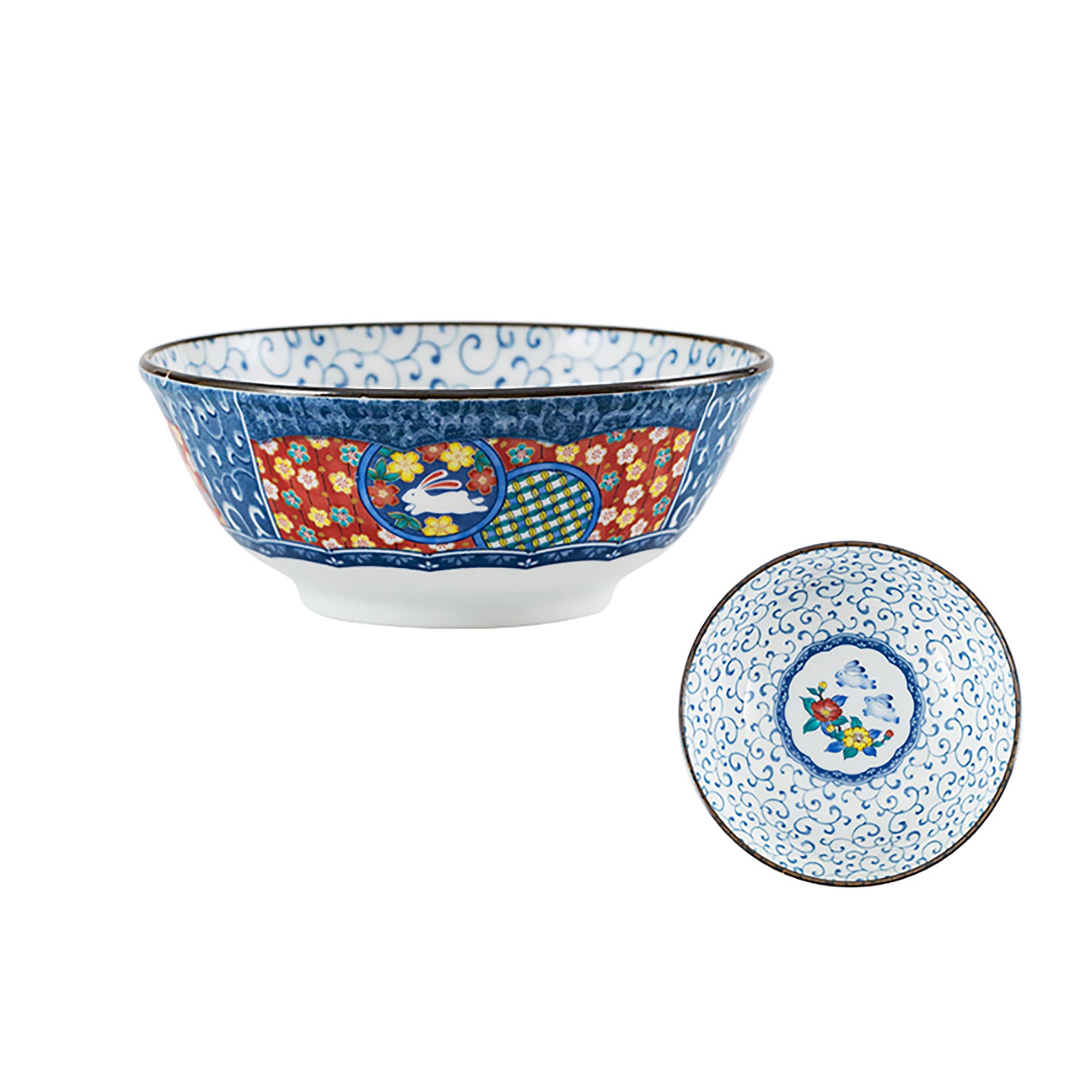 Kutani ceramic tableware with floral rabbit pattern