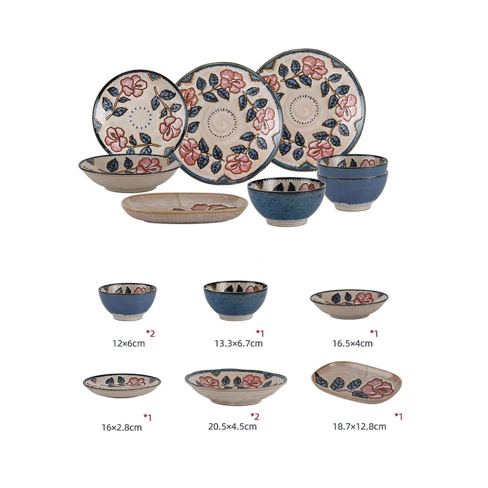 Vintage red ceramic tableware with Okinawa rose pattern