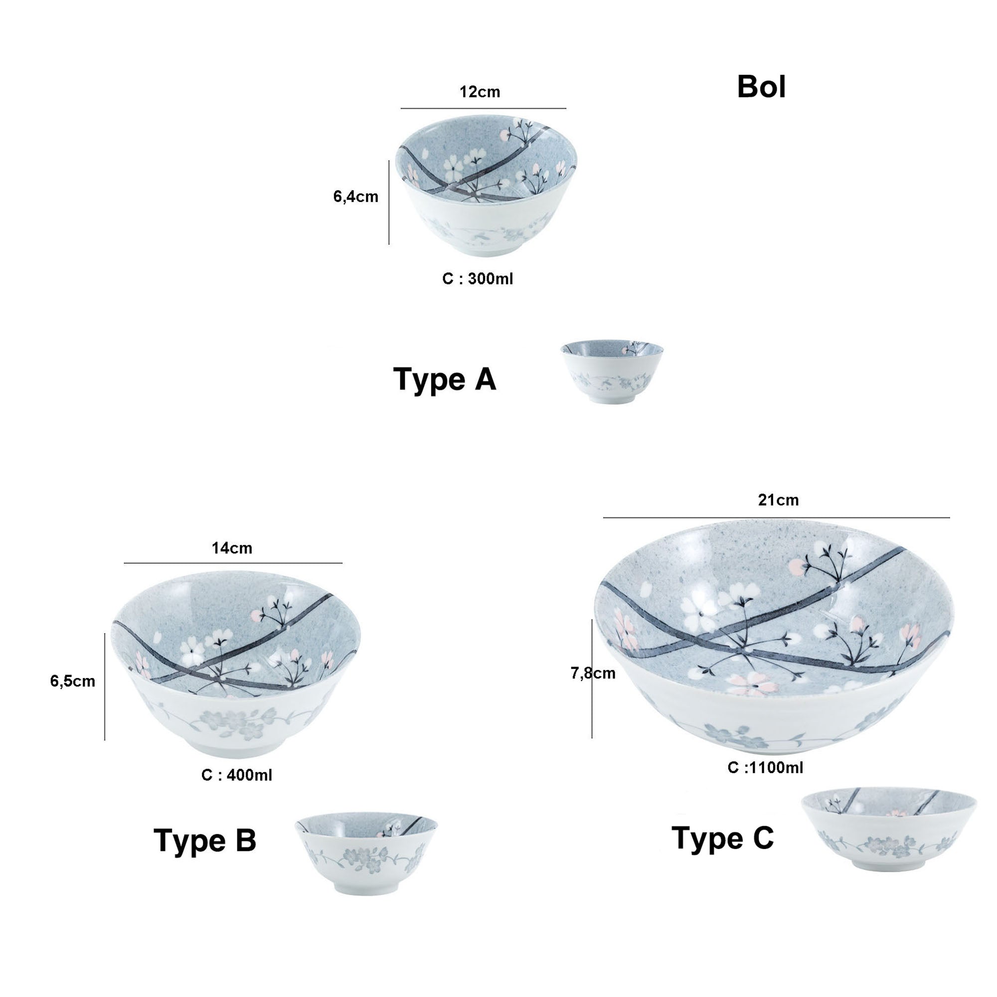 Light Grey Ceramic Dinnerware with Cherry Blossom Pattern by Yutani