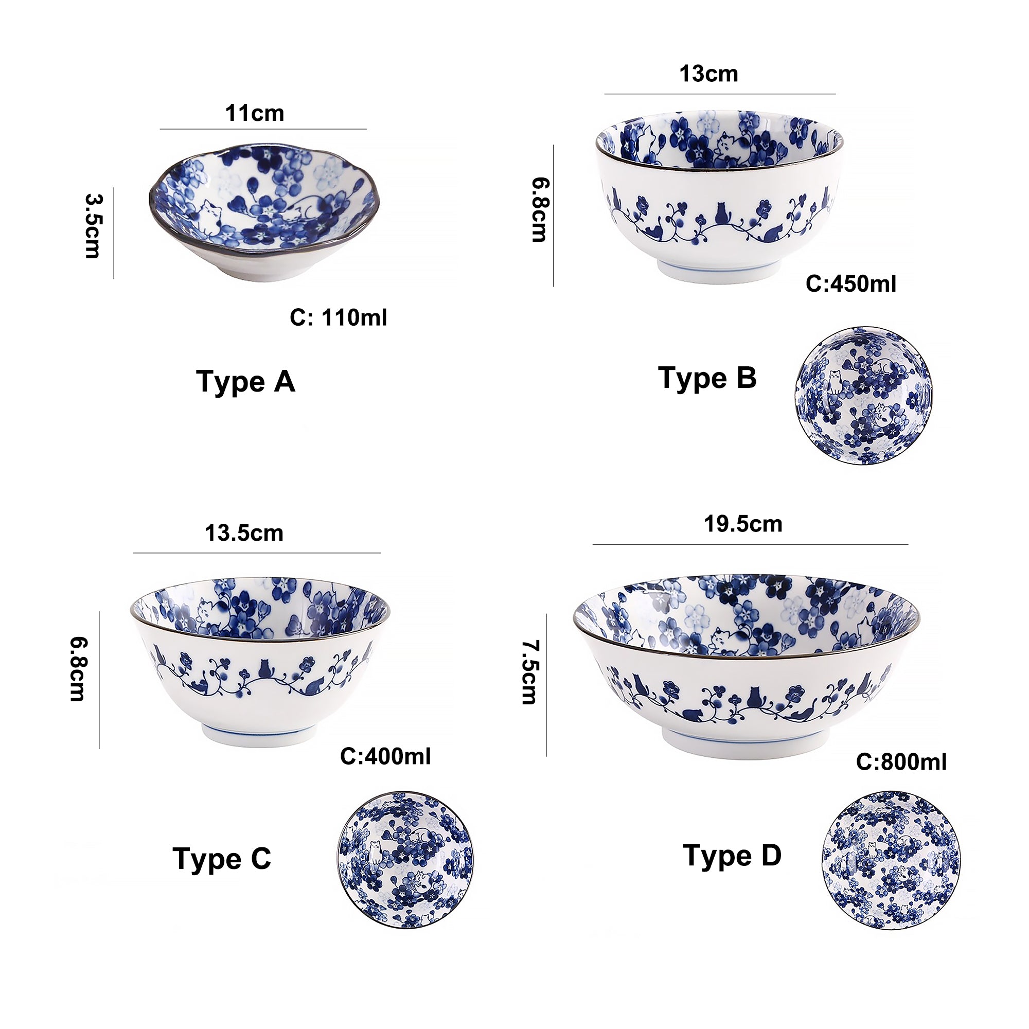 Service de vaisselle Minoyaki avec motifs chats et fleurs