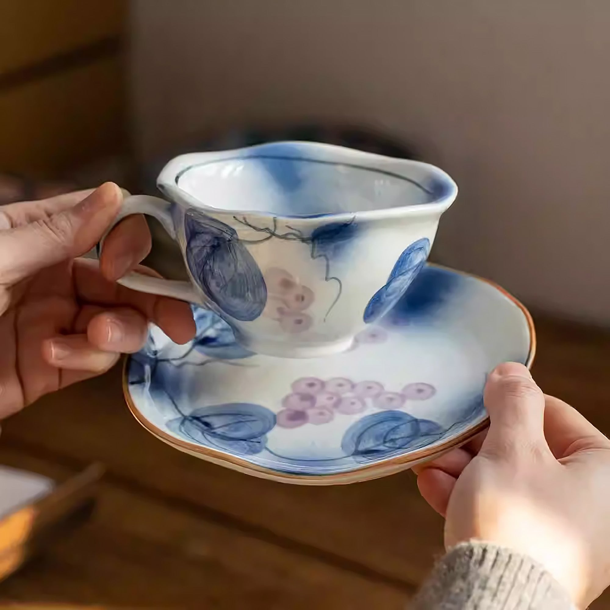 Tasse à café Minoyaki faite main motif raisin bleu