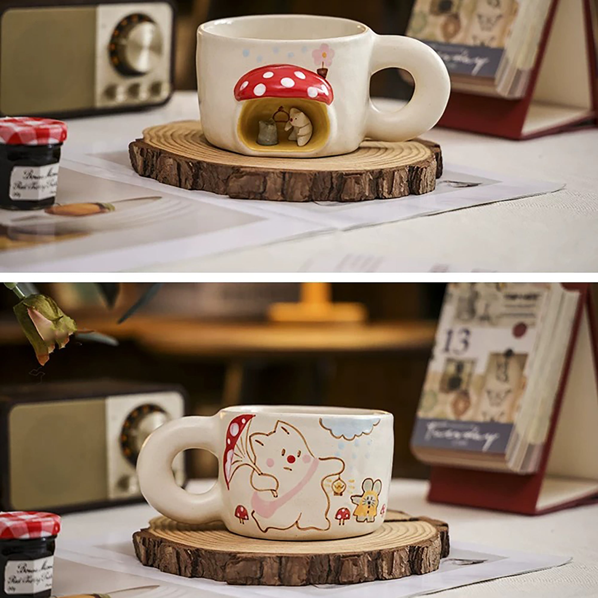 Tasse à café artisanale concept “chat dans la bibliothèque”