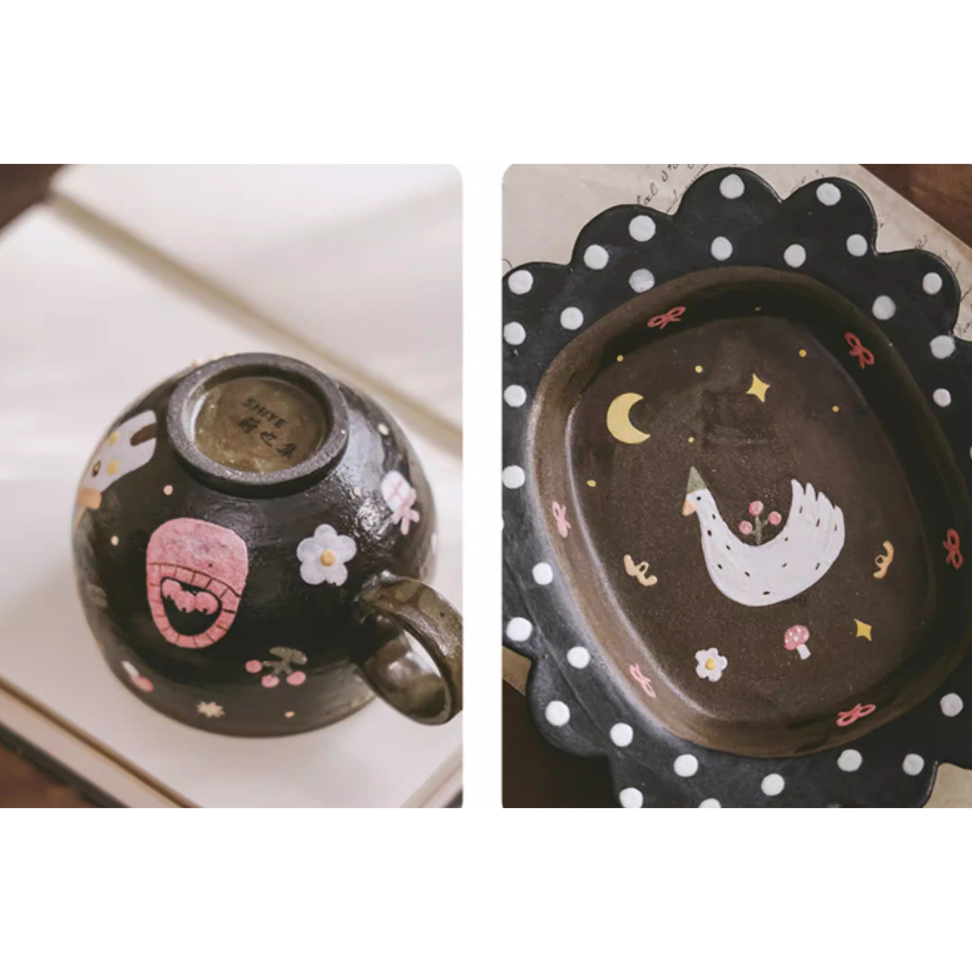 Tasse en céramique argile violette série Nuit & Oiseau blanc