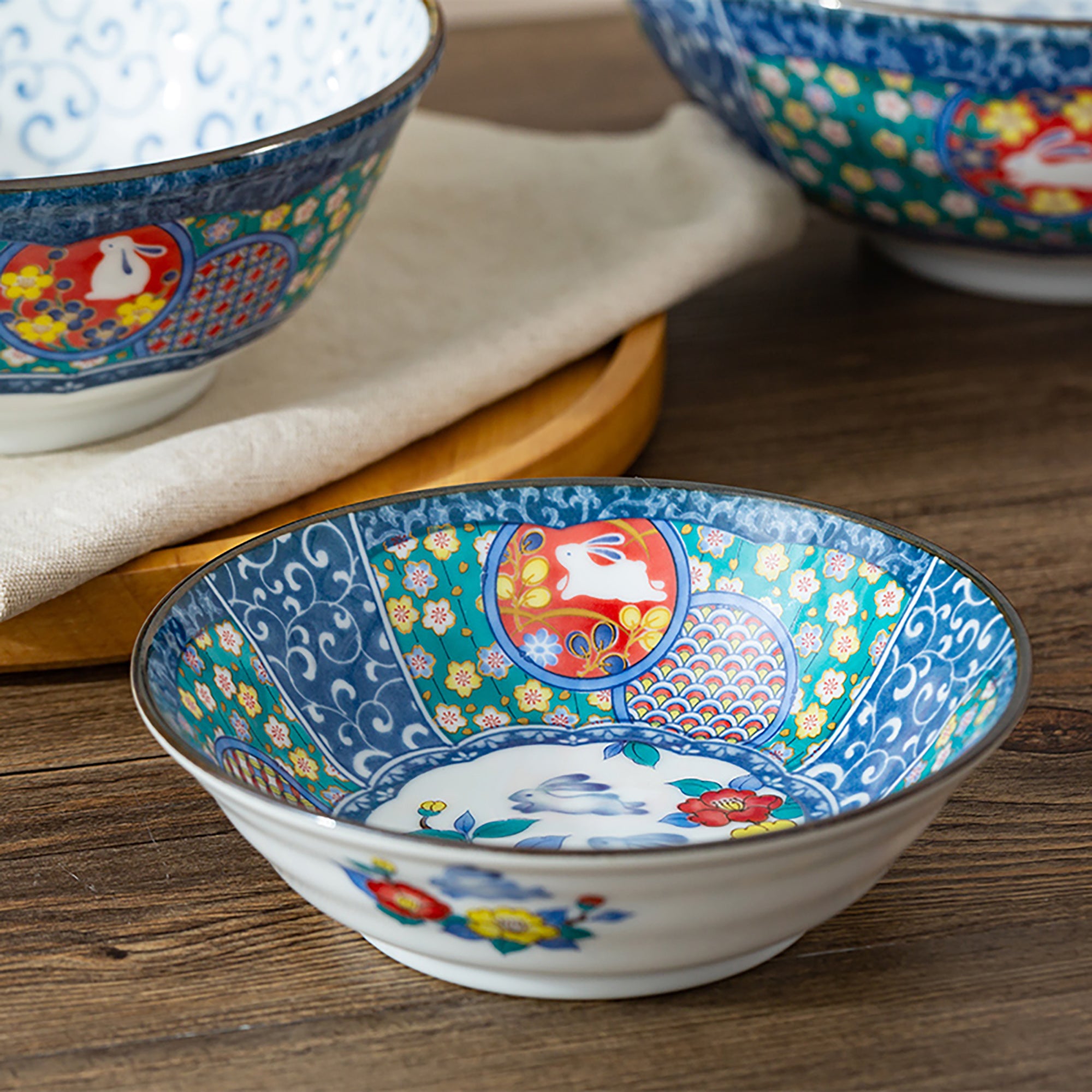 Kutani ceramic tableware with floral rabbit pattern