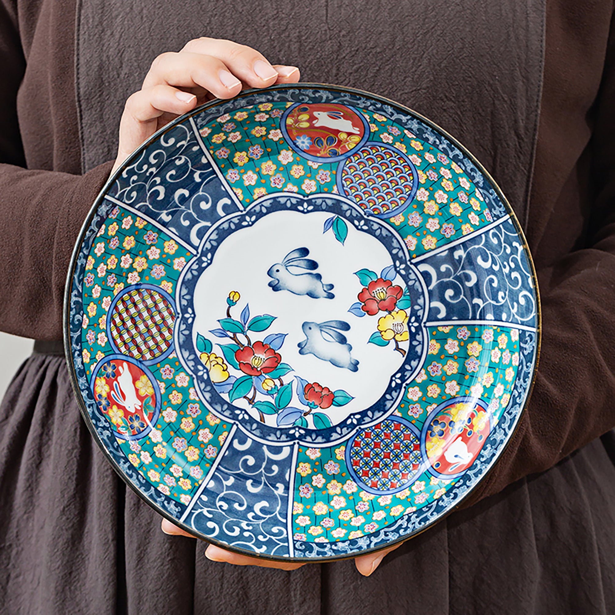 Kutani ceramic tableware with floral rabbit pattern