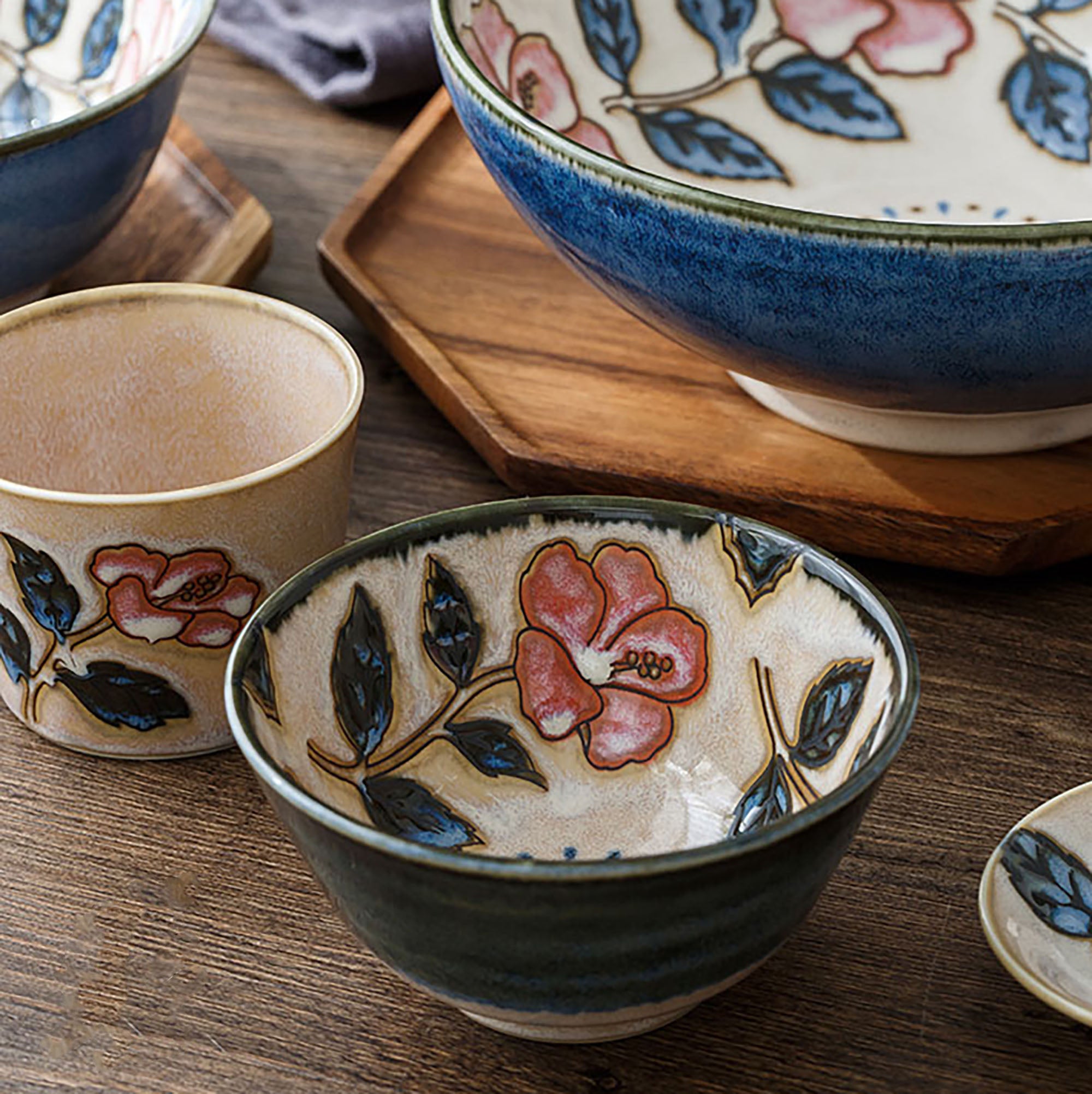 Vintage red ceramic tableware with Okinawa rose pattern