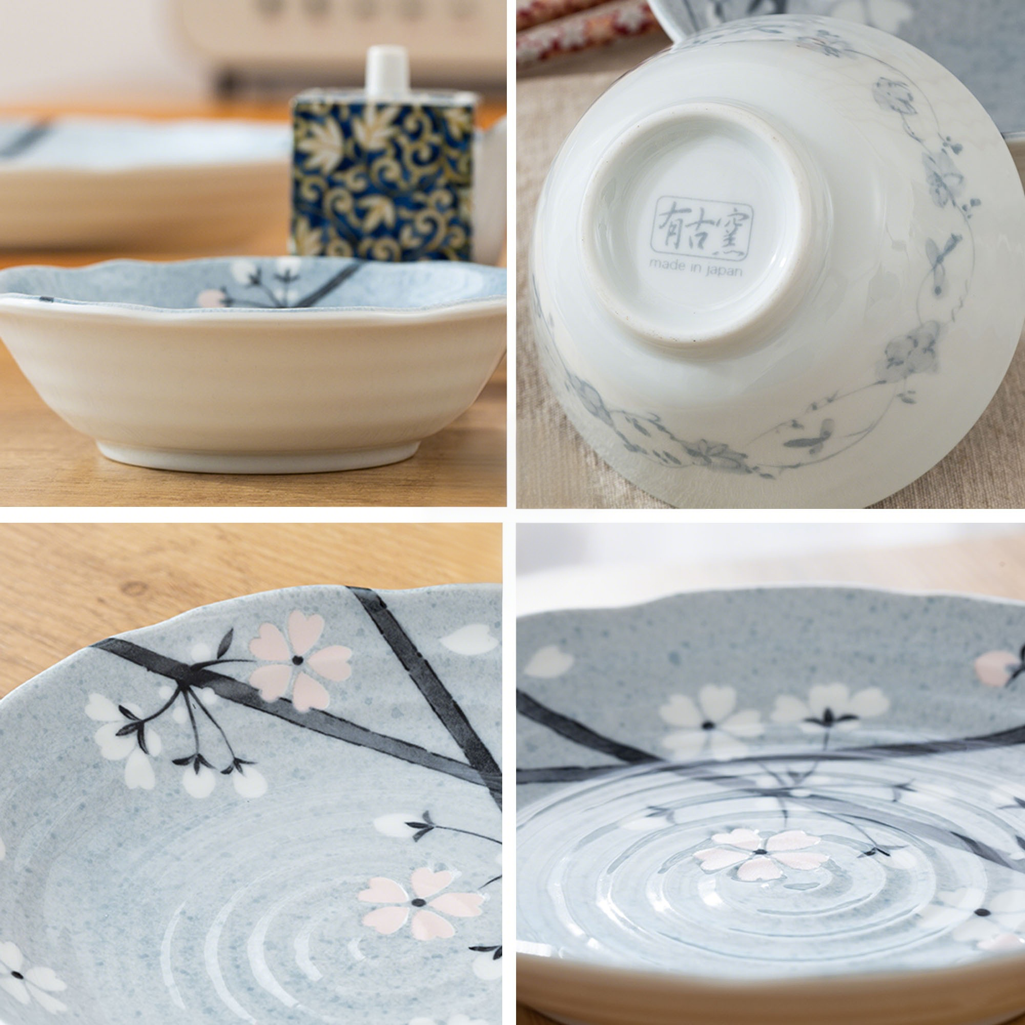 Light Grey Ceramic Dinnerware with Cherry Blossom Pattern by Yutani
