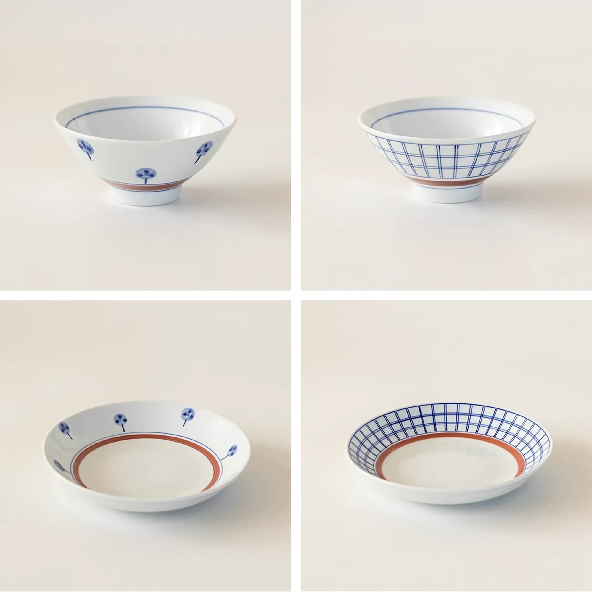Vaisselle Minoyaki motif arbres et carreaux peinte à la main