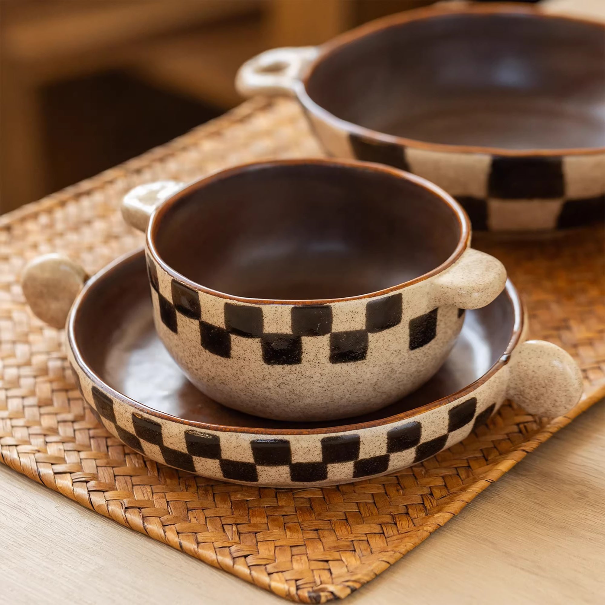 Vaisselle en céramique Minoyaki motif damier rétro