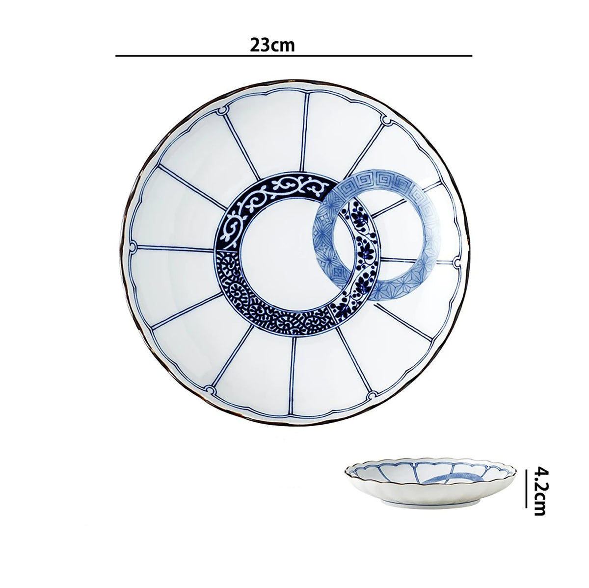 Vaisselle Minoyaki motif double anneau bleu et blanc