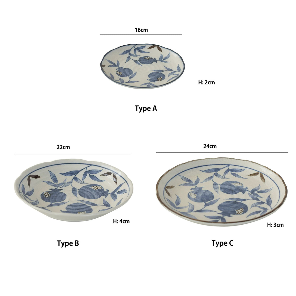 Vaisselle Mino-yaki en céramique à motifs de grenade bleus