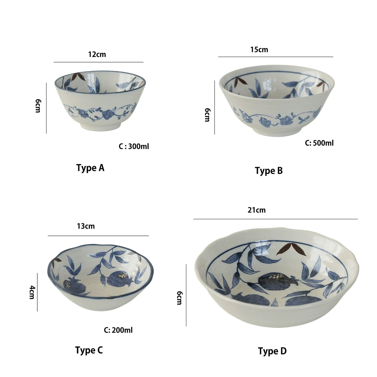 Vaisselle Mino-yaki en céramique à motifs de grenade bleus
