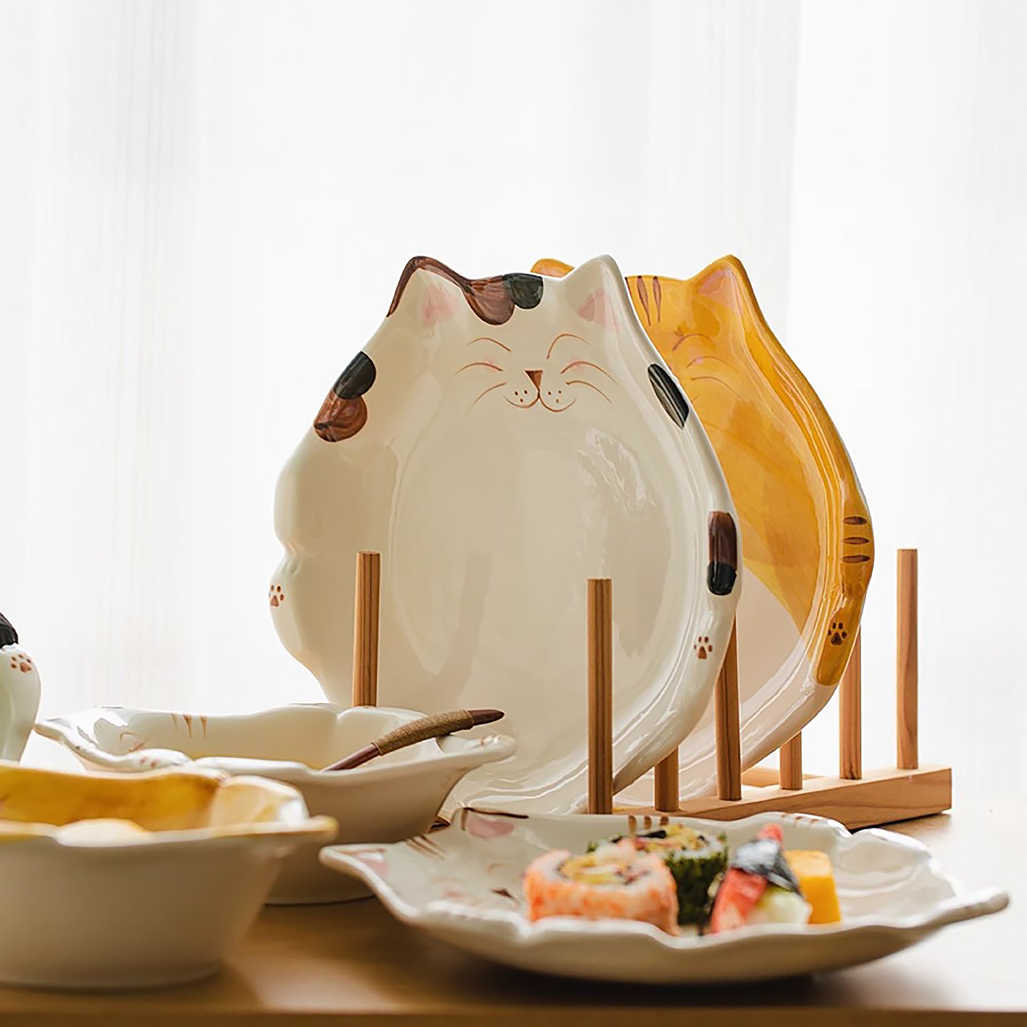 Assiette et bol en céramique en forme de chat