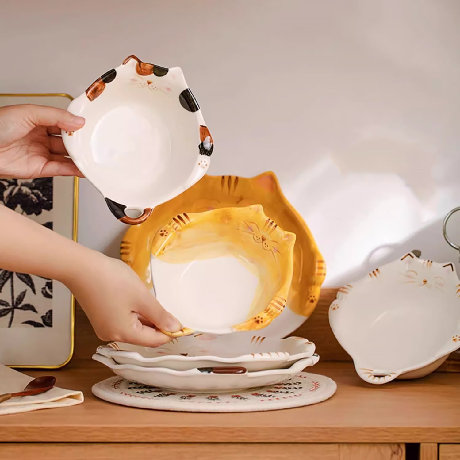 Assiette et bol en céramique en forme de chat