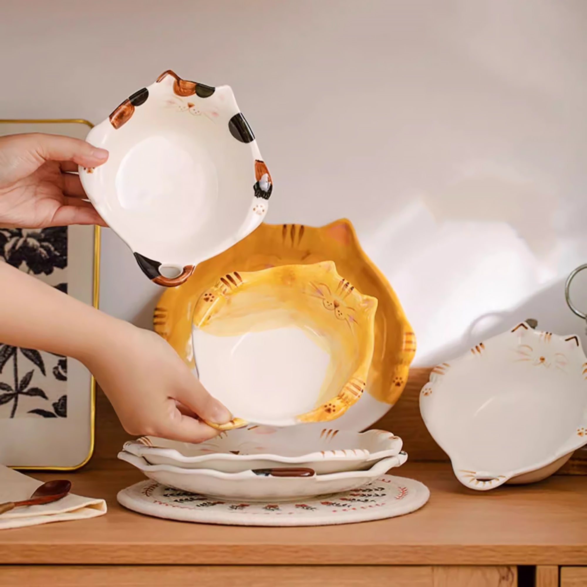 Assiette et bol en céramique en forme de chat