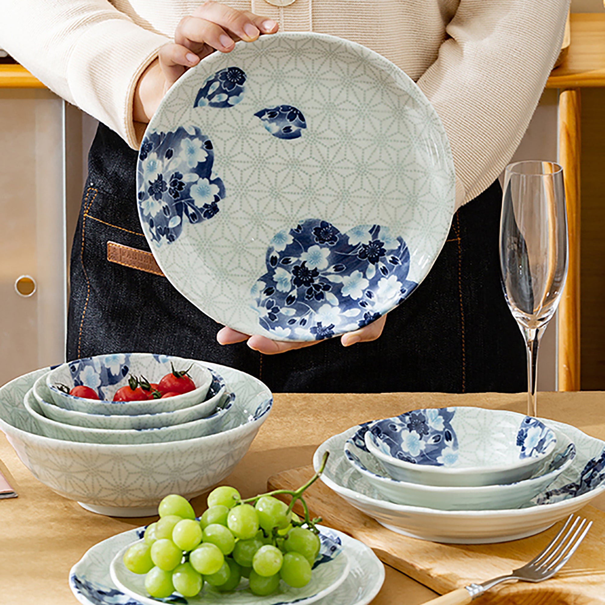 Tableware with blue cherry tree design