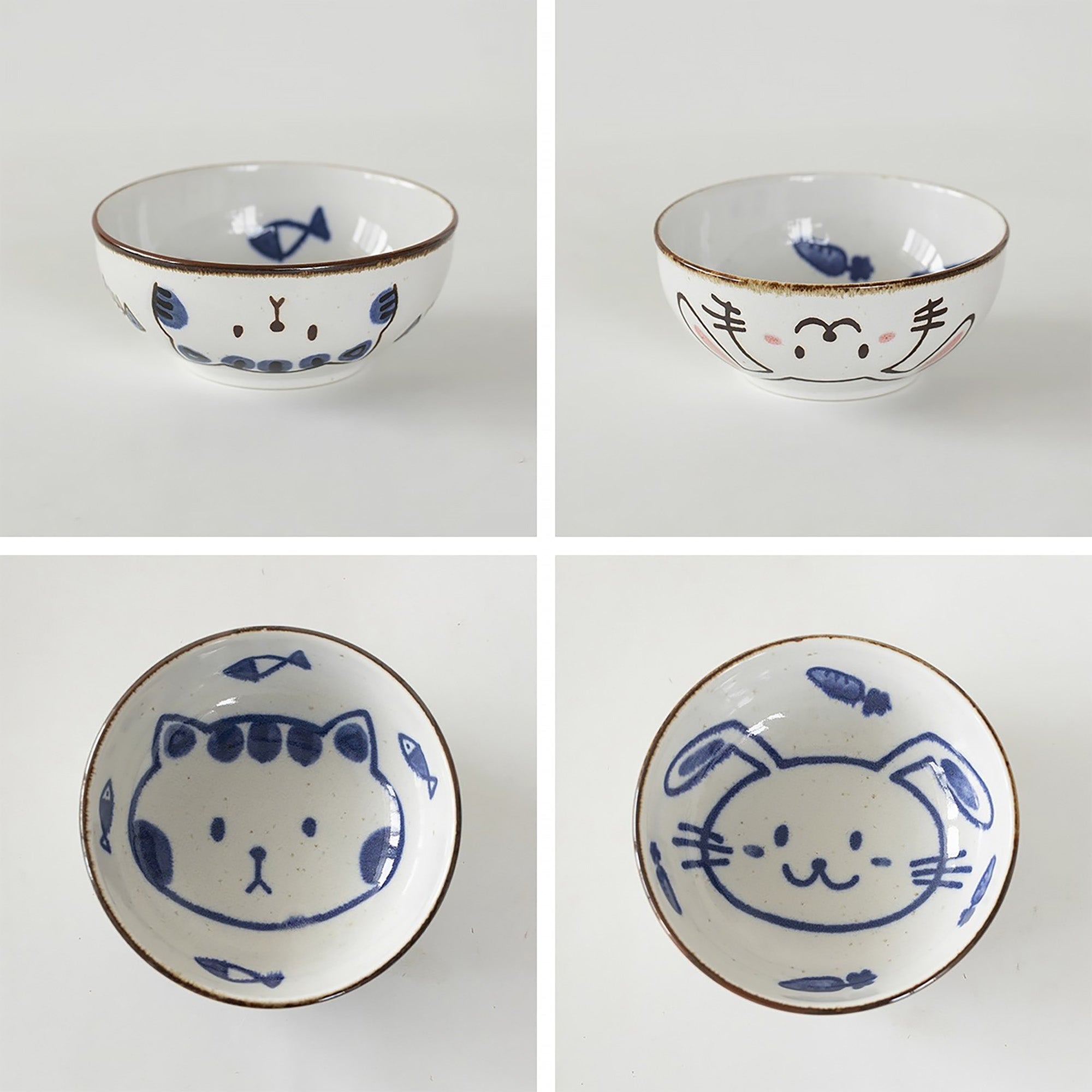 Bol en céramique Mino-yaki avec chat et lapin mignons