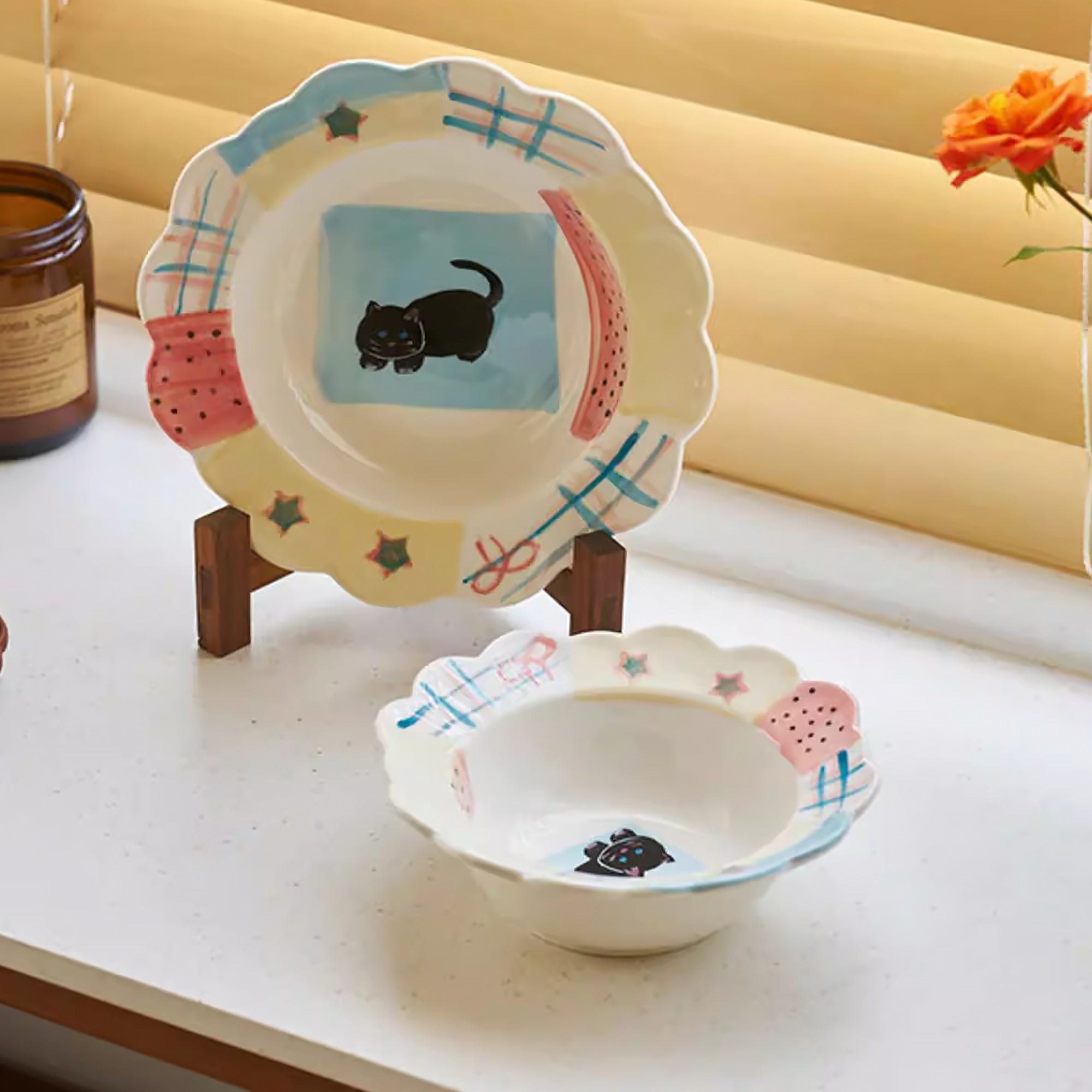 Vaiselle en céramique chat illustré bord festonné