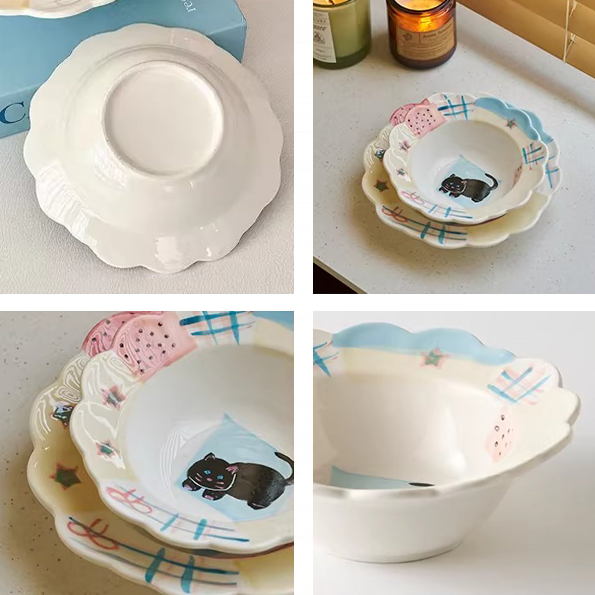 Vaiselle en céramique chat illustré bord festonné