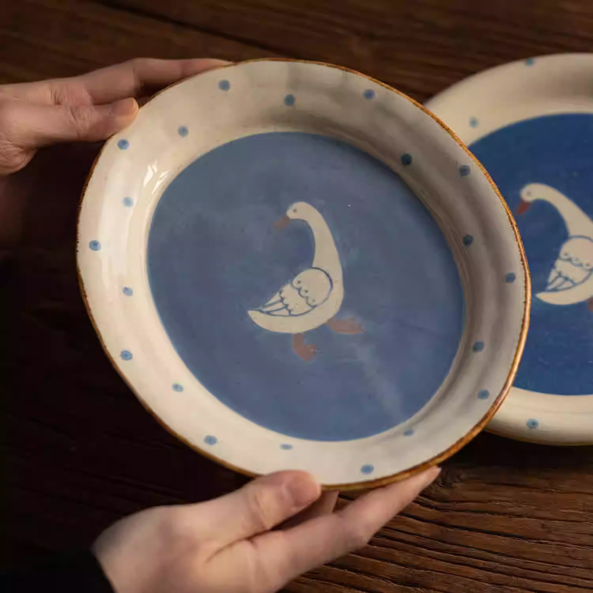 Assiette Minoyaki avec décor oie illustrée