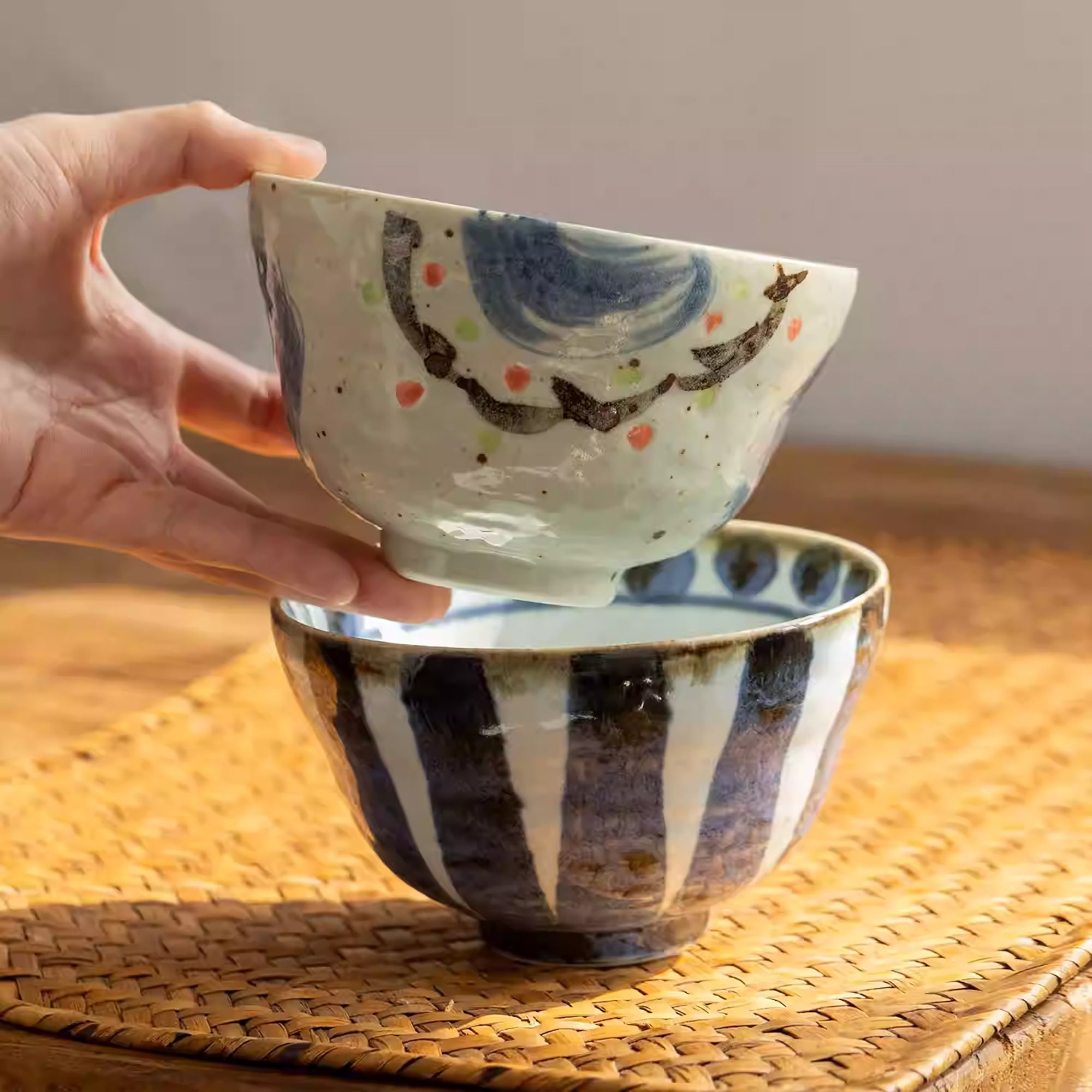 Bol en céramique Setoyaki motif vintage peint main