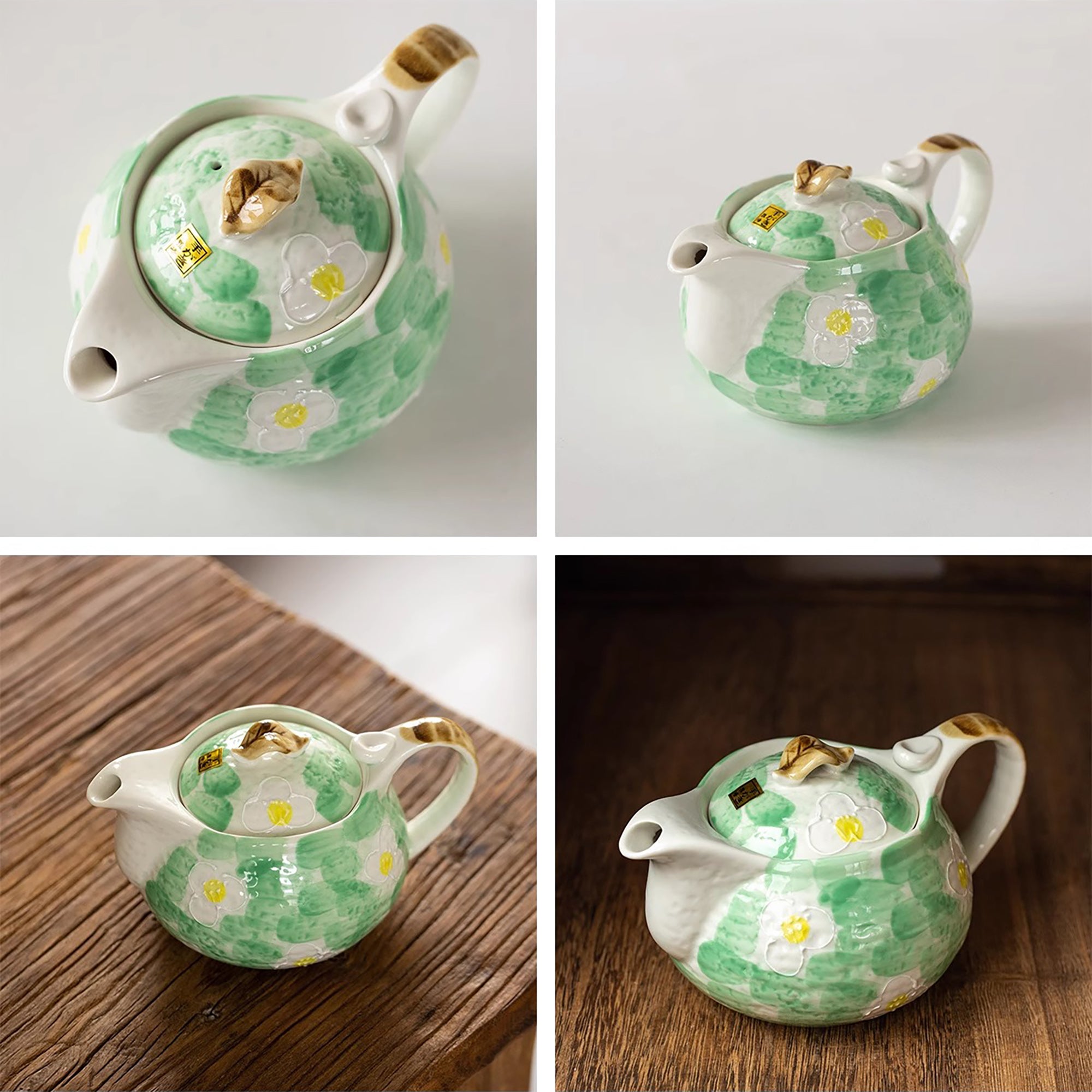 Théière artisanale Seto-yaki avec Motif sakura vert
