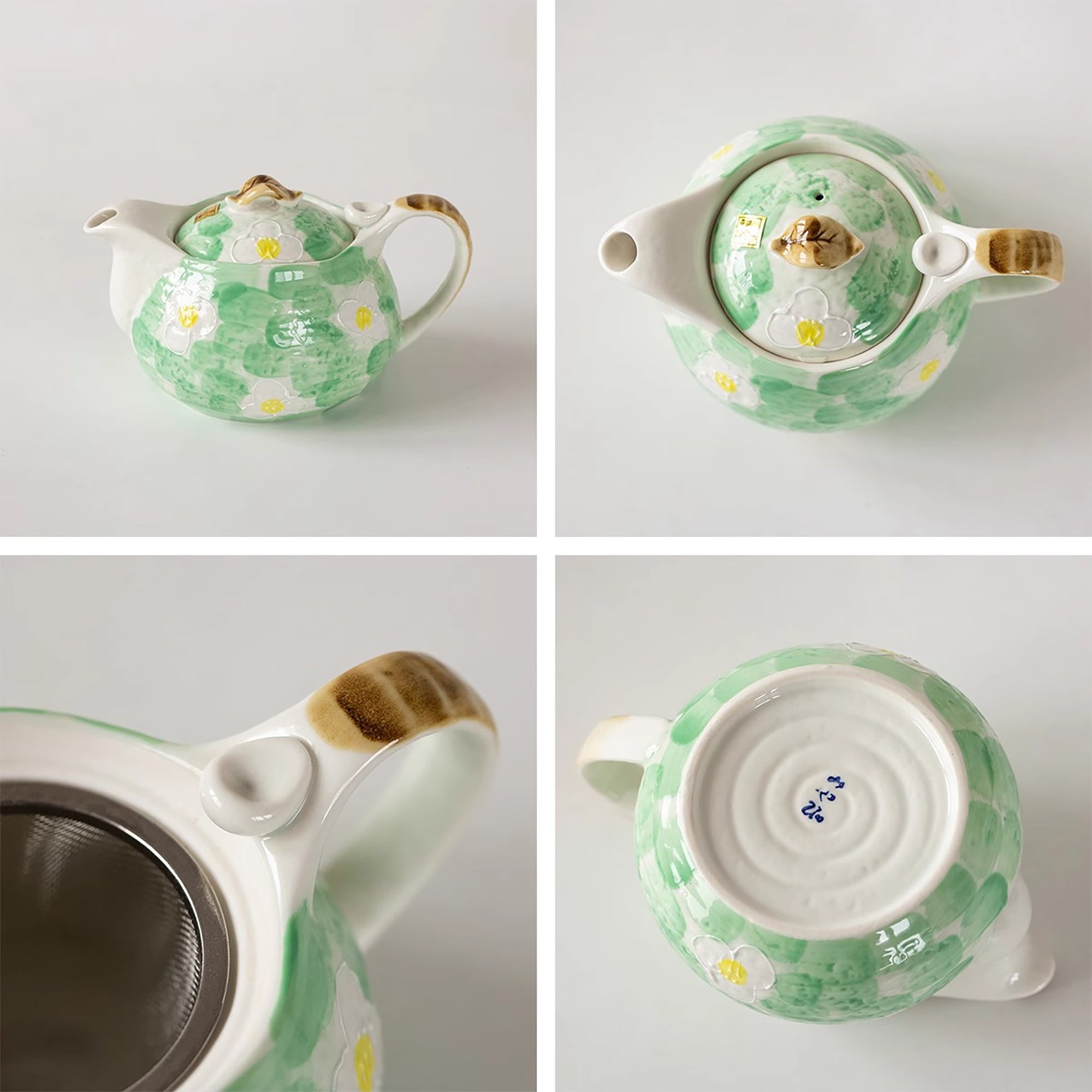 Théière artisanale Seto-yaki avec Motif sakura vert