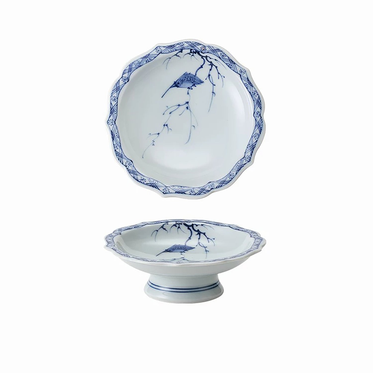 Vaisselle Hamato Arita-yaki bleu et blanc motif oiseau