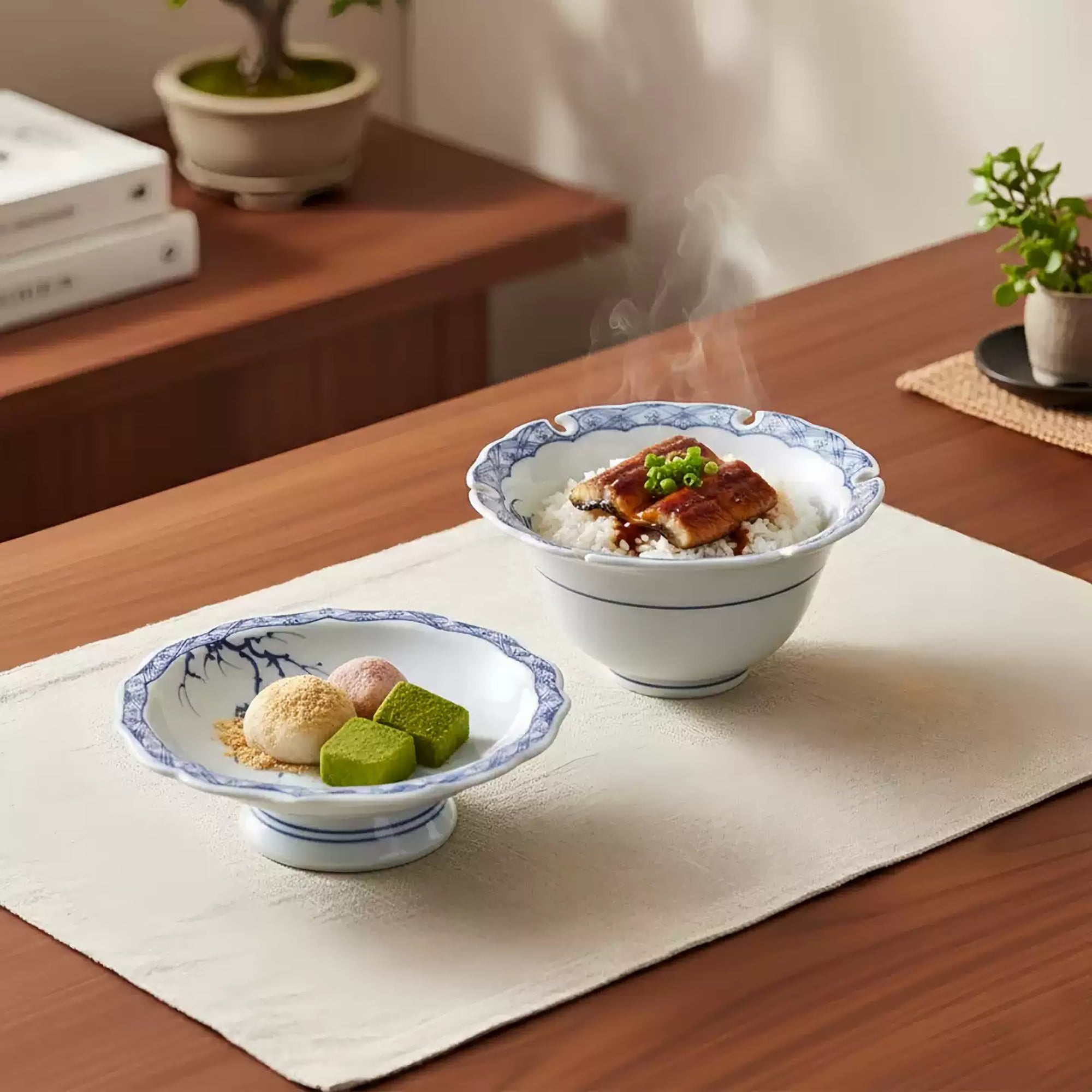 Vaisselle Hamato Arita-yaki bleu et blanc motif oiseau