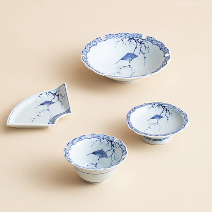Vaisselle Hamato Arita-yaki bleu et blanc motif oiseau