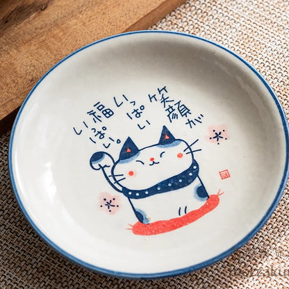 Assiette en ceramique Seto-yaki avec motif chat peint
