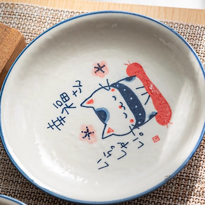 Assiette en ceramique Seto-yaki avec motif chat peint