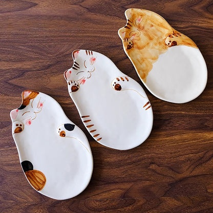 Assiette en forme de chat porte-bonheur Hasami-Yaki