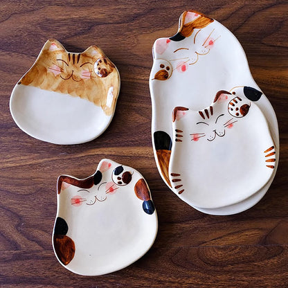 Assiette en forme de chat porte-bonheur Hasami-Yaki