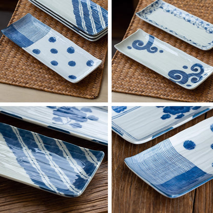 Assiettes rectangulaires Mino-yaki – série bleue motif Karakusa