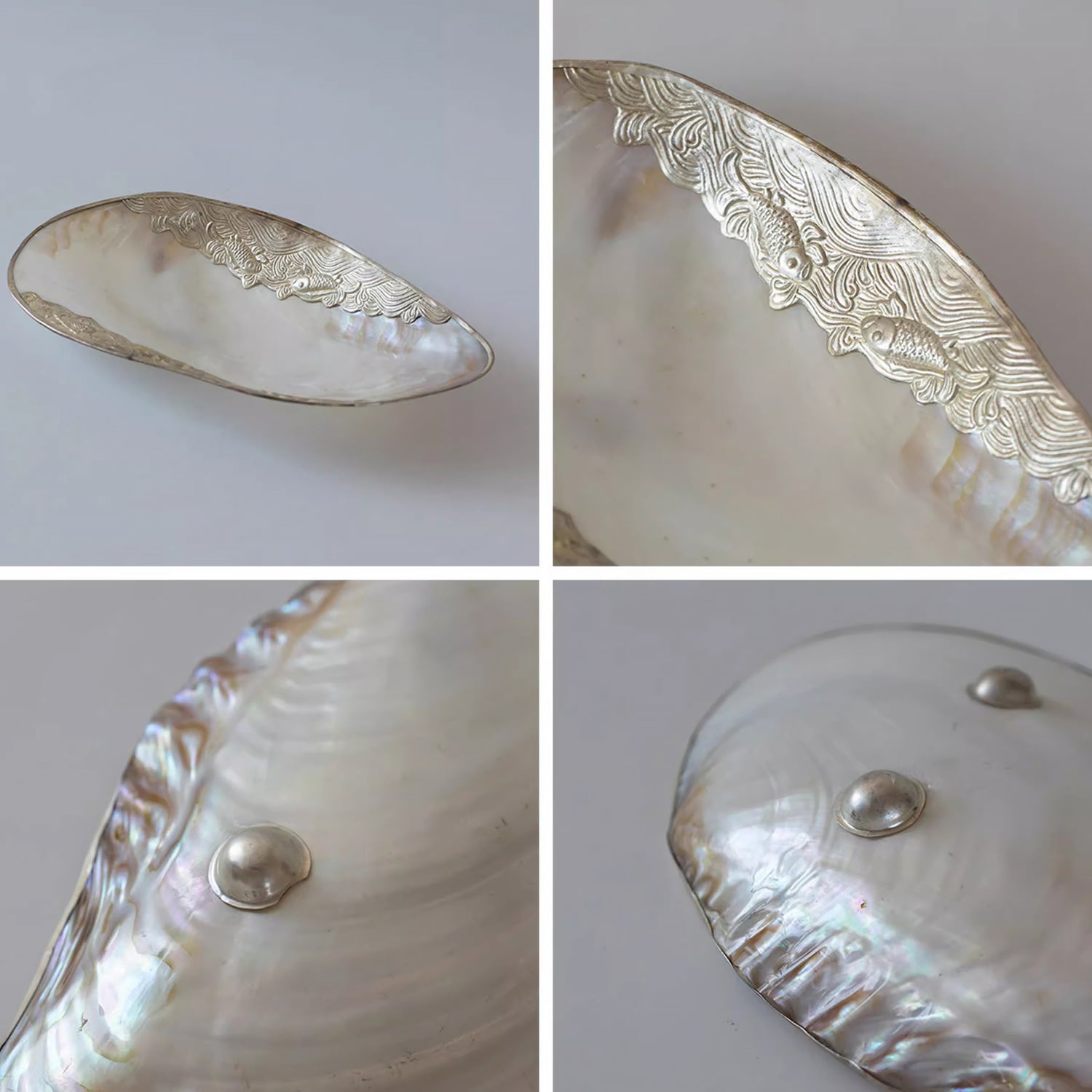 Plateau en nacre naturelle avec bord or ou argent