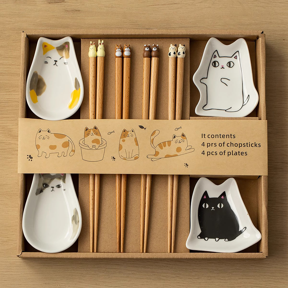 Coffret de baguettes en bois avec coupelle chat