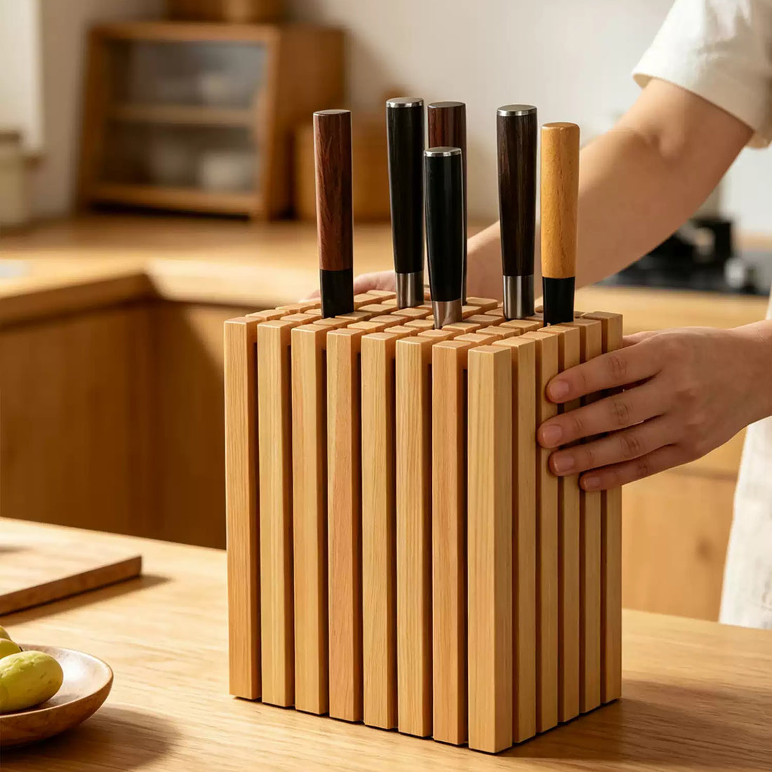 Bloc à couteaux japonais géométrique en bois Hinoki