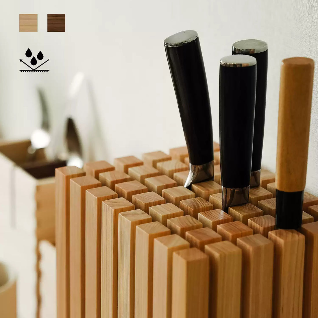 Bloc à couteaux japonais géométrique en bois Hinoki