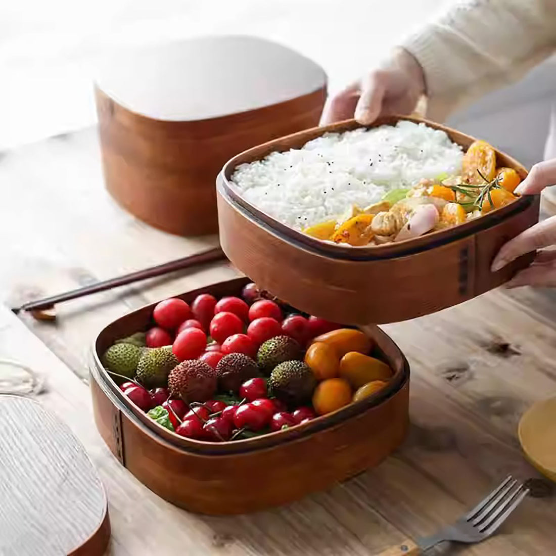 Bento carré à deux étages en bois de cèdre 
