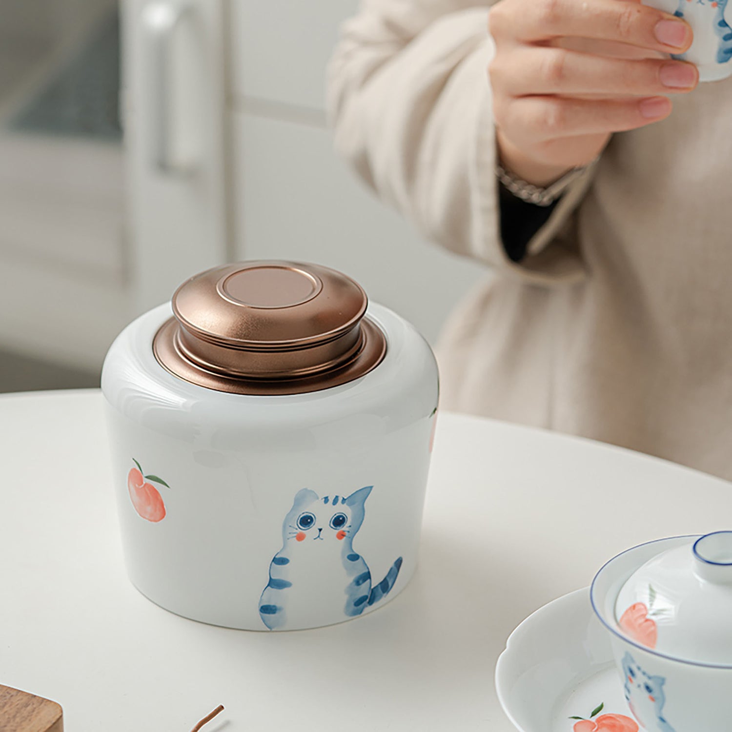 Boite à thé en porcelaine avec bel design mignon chat bonheur