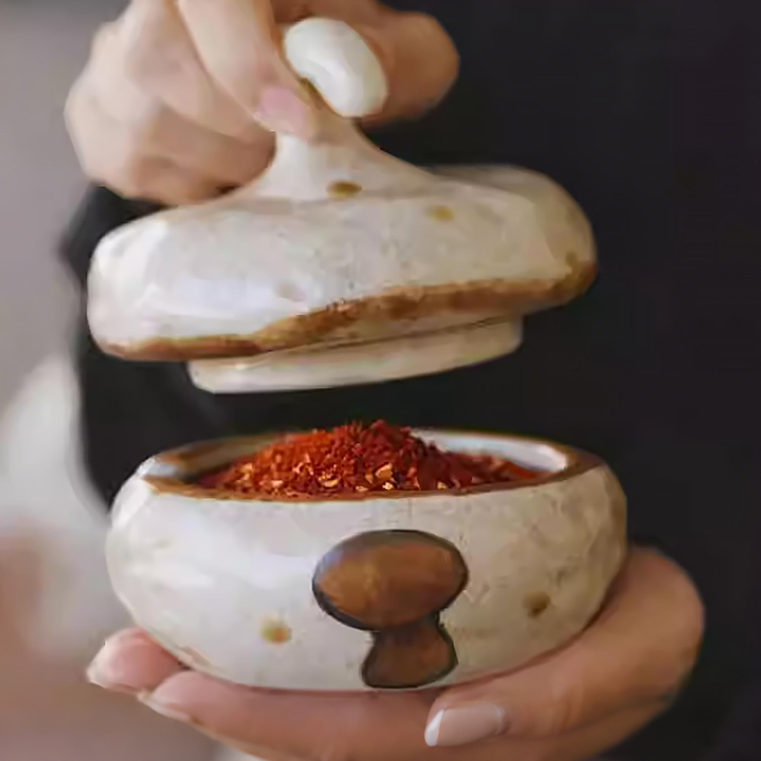Pot à condiments en céramique fait main motif champignon