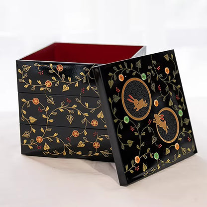Boîte de rangement japonaise en laque Yamanaka à trois niveaux motif lapin